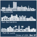 Cities of USA - San Bernardino, Fayetville, Port St. Lucie. Detailed architecture. Trendy vector illustration.