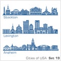 Cities of USA - Stockton, Lexington, Anaheim. Detailed architecture. Trendy vector illustration.