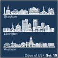 Cities of USA - Stockton, Lexington, Anaheim. Detailed architecture. Trendy vector illustration.