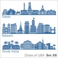 Cities of USA - Toledo, Newark, Chula Vista. Detailed architecture. Trendy vector illustration.