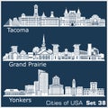 Cities of USA - Yonkers, Grand Prairie, Tacoma. Detailed architecture. Trendy vector illustration.