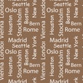 Cities of the world seamless patterns. Vector Typography background. White letters on a background of Kraft paper Royalty Free Stock Photo