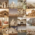 Cities of the world vintage collage, city travel tourism concept