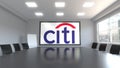 Citigroup logo on the screen in a meeting room. Editorial 3D rendering