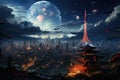 Citiy scape of japan at night, illustration Royalty Free Stock Photo