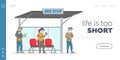 Citizen Waiting City Transport Landing Page Template. Characters Stand on Bus Station. Woman with Coffee Reading Message