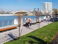 Citizen walking along the Miass river on new embankment in Chelyabinsk city