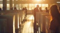 Citizens casting votes in a sunlit room with privacy voting booths. Polling place. Concept of active civic participation Royalty Free Stock Photo