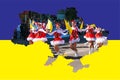 Citizens celebrate City Day. Girls dancers with waving flags of Ukraine