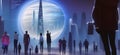 Citizens in the future and sphere of skyscrapers. Concept of time traveling, cyber world or futuristic people