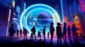 Citizens in the future and sphere of modern skyscrapers. Concept of metaverse, time traveling, cyber world or futuristic people