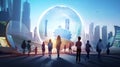 Citizens in the future and sphere of modern skyscrapers. Concept of metaverse, time traveling, cyber world or futuristic people