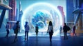 Citizens in the future and sphere of modern skyscrapers. Concept of metaverse, time traveling, cyber world or futuristic people