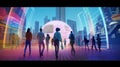 Citizens in the future and sphere of modern skyscrapers. Concept of metaverse, time traveling, cyber world or futuristic people