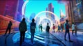 Citizens in the future and sphere of modern skyscrapers. Concept of metaverse, time traveling, cyber world or futuristic people
