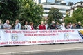 Citizens are protesting with a big poster against the amendment of the electoral law in Sarajevo