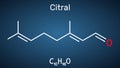 Citral, lemonal, geranial molecule. A volatile oil component, used to make other chemicals. Skeletal chemical formula on