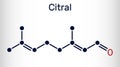 Citral, lemonal, geranial molecule. A volatile oil component, used to make other chemicals. Skeletal chemical formula