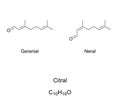 Citral or lemonal, mixture of geranial and neral, chemical formulas