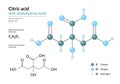 Citric acid. AHA Alphahydroxy acid. Structural chemical formula and molecule 3d model. Atoms with color coding. Vector