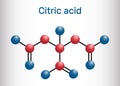 Citric acid molecule, alpha hydroxy acid, AHA. Is used as additive in food, cleaning agents, nutritional supplements