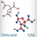 Citric acid molecule, alpha hydroxy acid, AHA. Is used as additive in food, cleaning agents, nutritional supplements