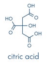 Citric acid molecule. Common fruit acid, used as food additive and for many other purposes. Skeletal formula.