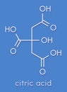 Citric acid molecule. Common fruit acid, used as food additive and for many other purposes. Skeletal formula.