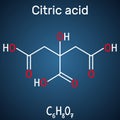 Citric acid molecule, is found in citrus fruits, lemons and limes. Is used as additive in food, cleaning agents, nutritional Royalty Free Stock Photo