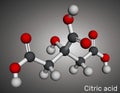 Citric acid molecule. Is used as additive in food, cleaning agents, nutritional supplements. Molecular model. 3D rendering