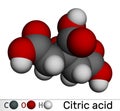 Citric acid molecule. Is used as additive in food, cleaning agents, nutritional supplements. Molecular model. 3D rendering