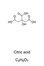 Citric acid, weak organic acid, chemical structure and formula