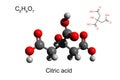 Chemical formula, skeletal formula and 3D ball-and-stick model of citric acid, white background