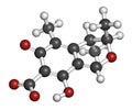 Citrinin mycotoxin molecule. 3D rendering. Atoms are represented as spheres with conventional color coding: hydrogen (white),
