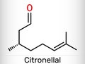 Citronellal, rhodinal molecule. It is monoterpenoid aldehyde. Skeletal chemical formula