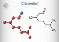 Citronellal, rhodinal molecule. It is monoterpenoid aldehyde. Structural chemical formula, molecule model. Sheet of paper in a