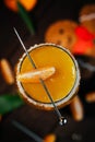 Citrus alcohol coctail with tangerine juce and grenadine in wineglass with mandarine slice. Top view Royalty Free Stock Photo