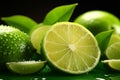 Citrus allure Fresh lime slice glistens on vibrant green backdrop