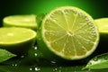 Citrus allure Fresh lime slice glistens on vibrant green backdrop