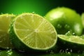 Citrus allure Fresh lime slice glistens on vibrant green backdrop