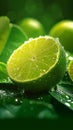 Citrus allure Fresh lime slice glistens on vibrant green backdrop