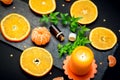 Citrus aroma oil concept Ã¢â¬â glass bottle with essence, tangerine and orange slices Royalty Free Stock Photo