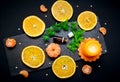 Citrus aroma oil concept Ã¢â¬â glass bottle with essence, tangerine and orange slices