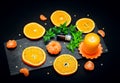 Citrus aroma oil concept Ã¢â¬â glass bottle with essence, tangerine and orange slices Royalty Free Stock Photo