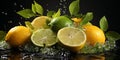 Citrus assortment. Fruit background of limes and lemons in waters splash on black background. Copy space Royalty Free Stock Photo