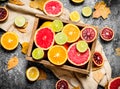 Citrus background. Fresh citrus fruit in an old box. Royalty Free Stock Photo