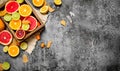 Citrus background. Fresh citrus fruit in an old box. Royalty Free Stock Photo