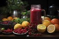 citrus and berries smoothie with oranges, lemons, raspberries, blackberries, cherries and mint Royalty Free Stock Photo