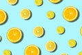 Citrus on blue background, oranges, limes slices Royalty Free Stock Photo