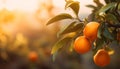 Citrus branches with organic ripe fresh oranges tangerines growing on branches with green leaves in fruiting garden